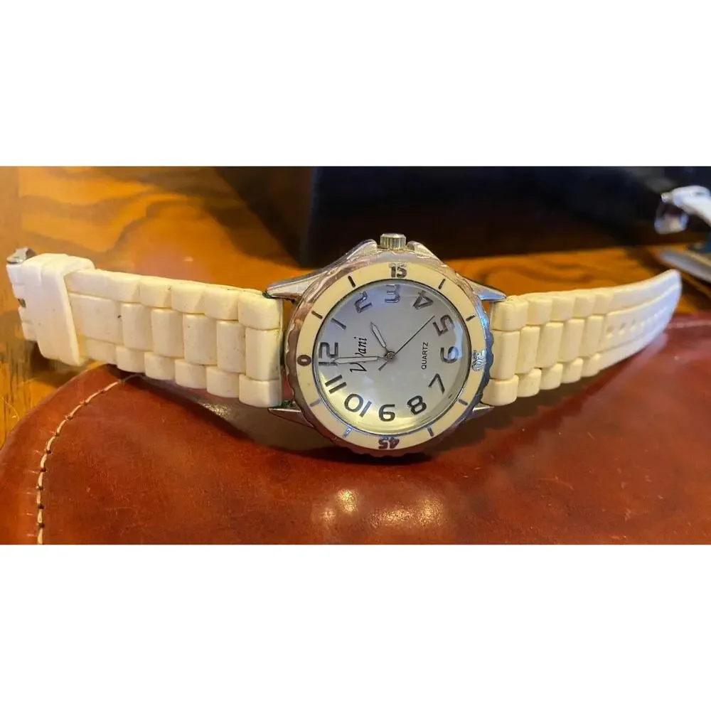 Women's Silver Tone Vivani Watch, Ivory Tone Bezel, White Poly Band